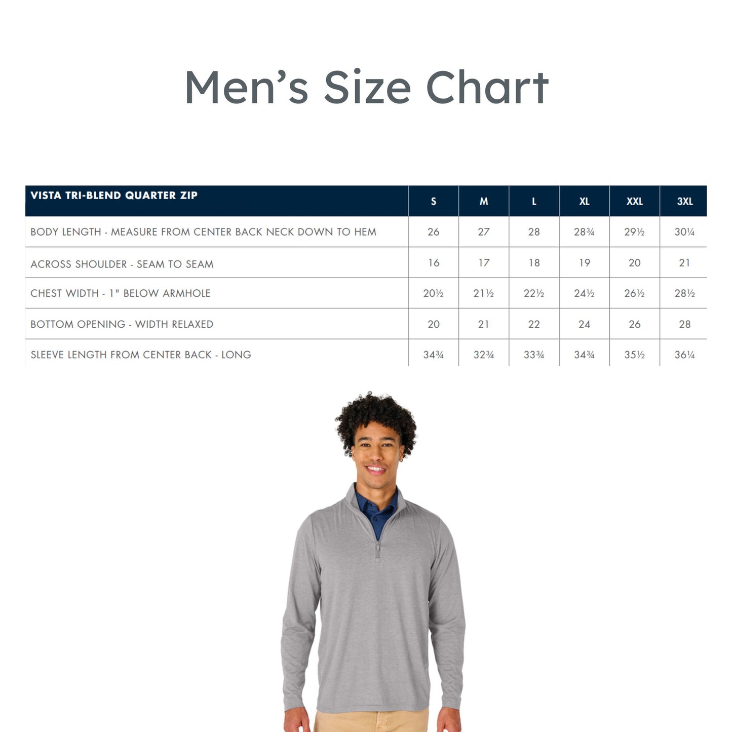 Men's size chart for a gray quarter zip shirt with a model wearing the shirt.