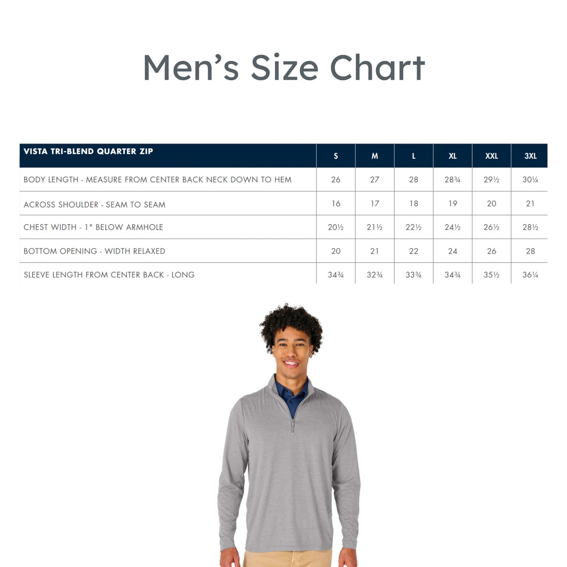 Men's size chart for a gray quarter zip shirt with a model wearing the shirt.