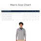 Men's size chart for a gray quarter zip shirt with a model wearing the shirt.