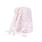 back of a Pink and white bow patterned backpack on a white background