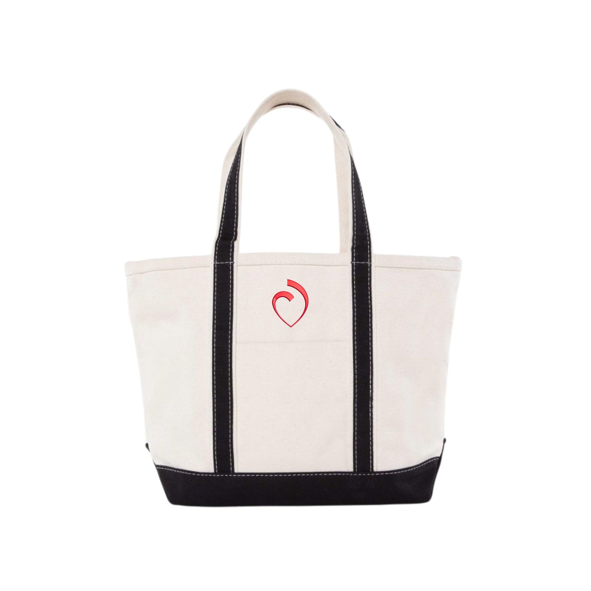 medium canvas tote with black trim and red embroidered sacred heart schools heart logo