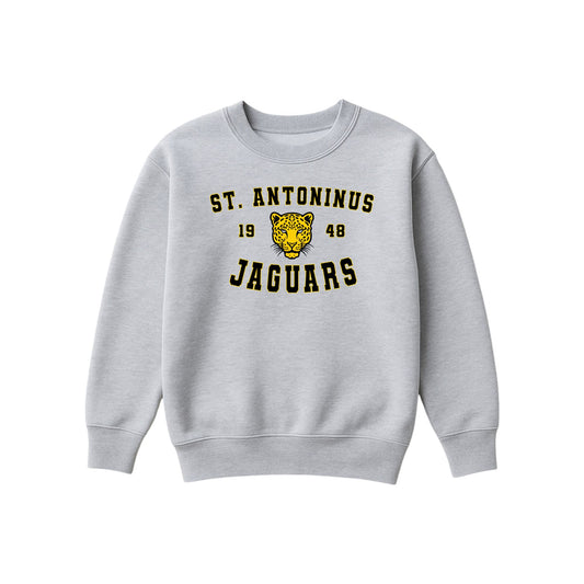 A light gray crewneck sweatshirt featuring a yellow and black graphic on the chest that reads 'ST. ANTONINUS JAGUARS' with '1948' and a jaguar head logo in the center.