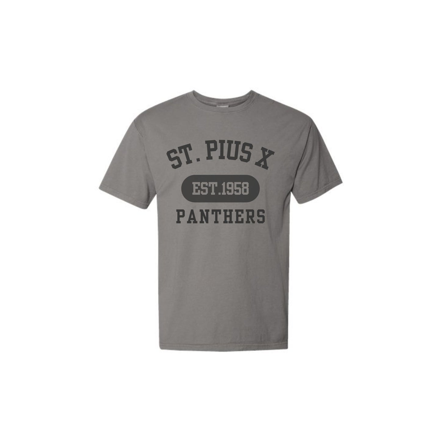 Gray t-shirt with 'St. Pius X Panthers' text on a white background