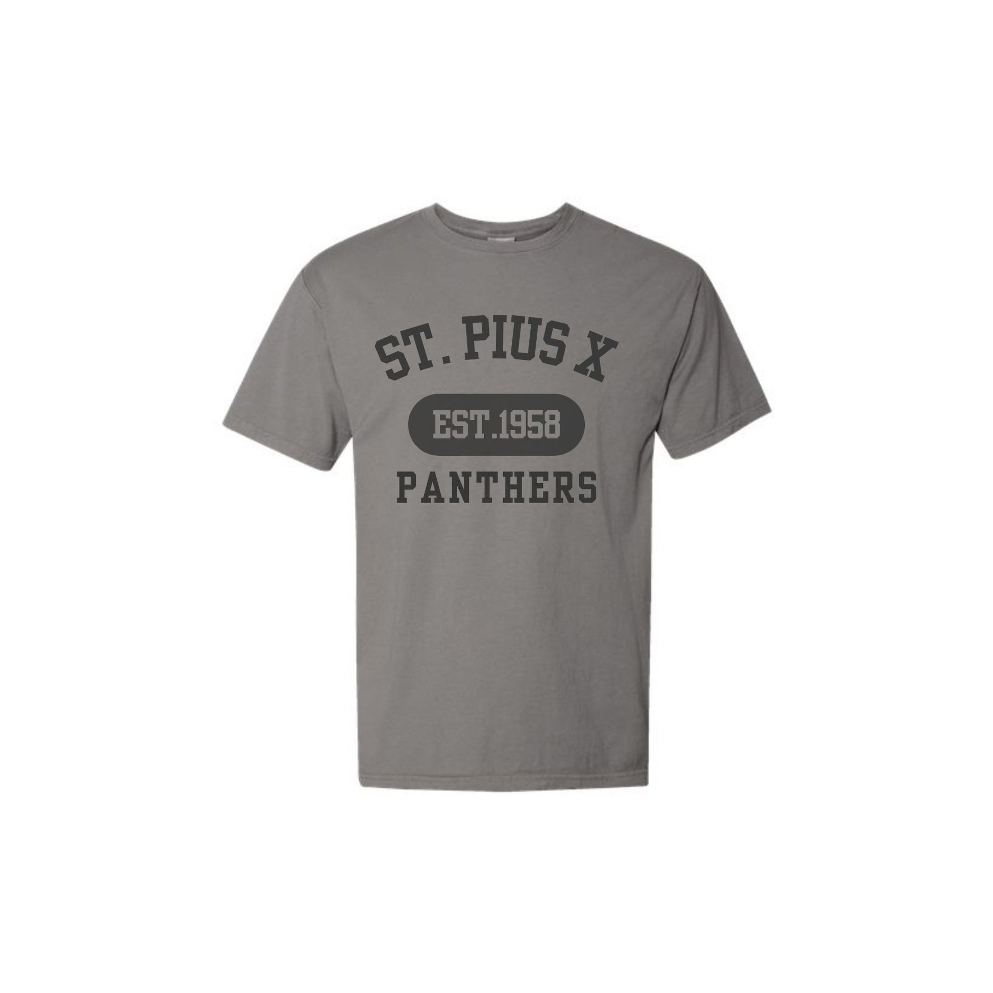 Gray t-shirt with 'St. Pius X Panthers' text on a white background