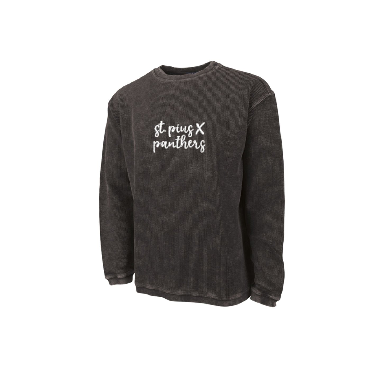 black  sweatshirt with 'st pius X panthers' text embroidered in white thread on the center chest