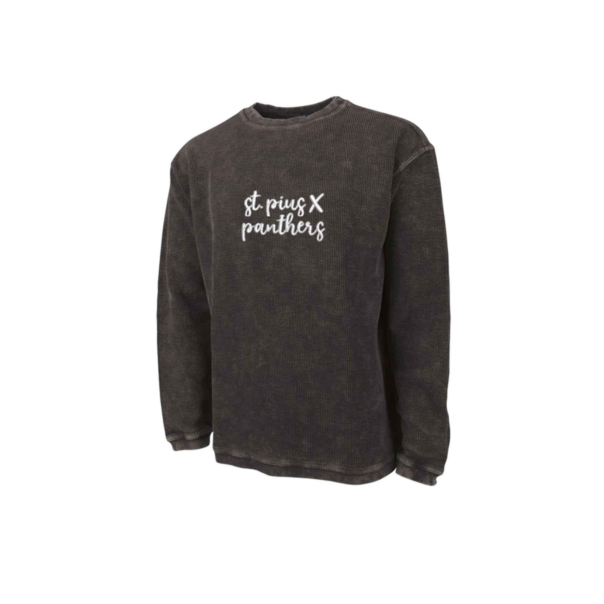 black  sweatshirt with 'st pius X panthers' text embroidered in white thread on the center chest