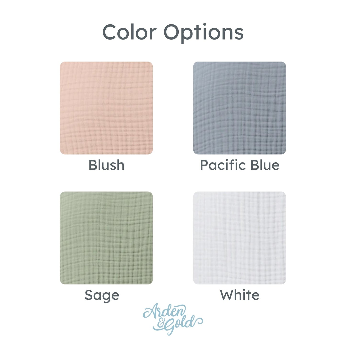 Color swatches for blush, pacific blue, sage, and white with Arden & Gold logo.