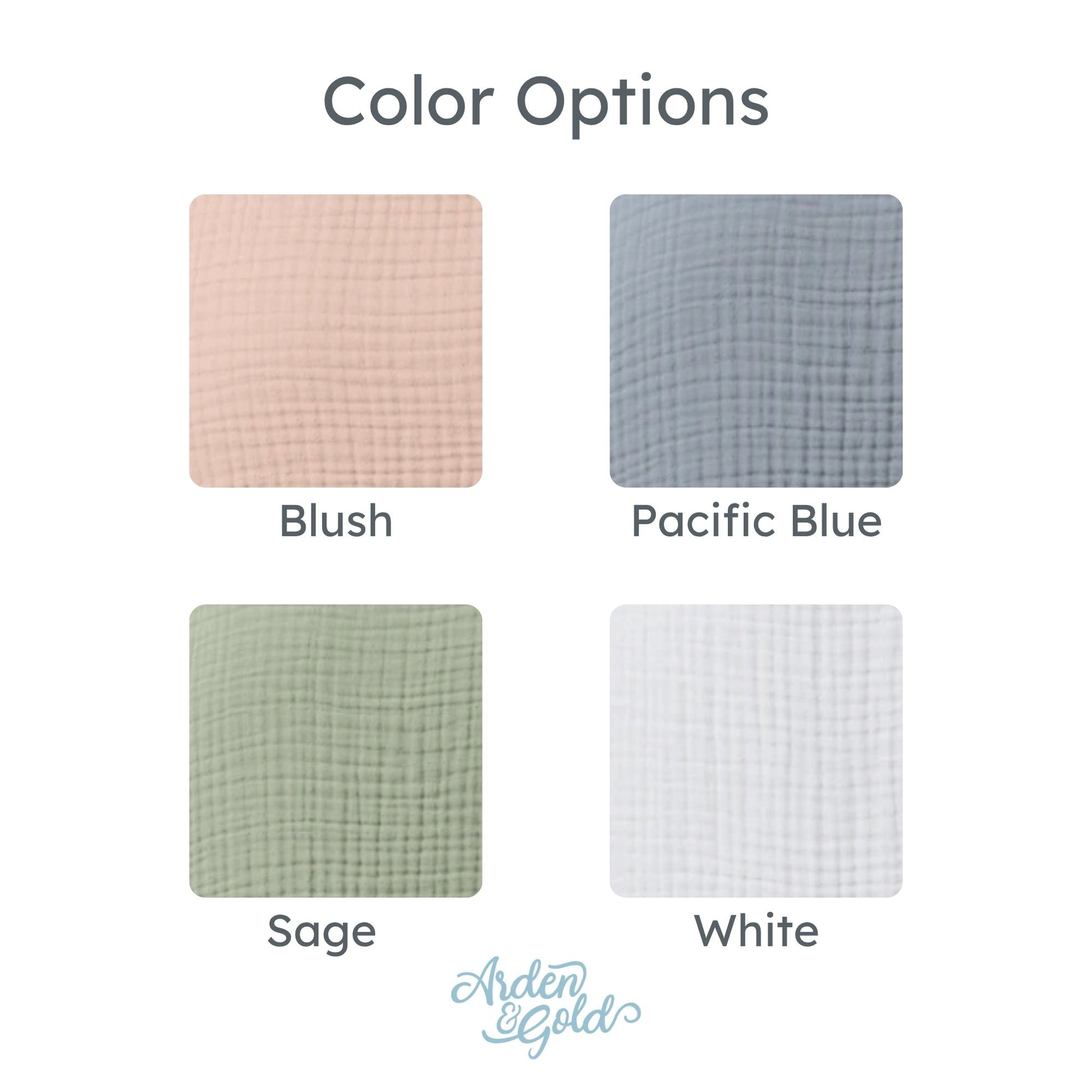 Color swatches for blush, pacific blue, sage, and white with Arden & Gold logo.