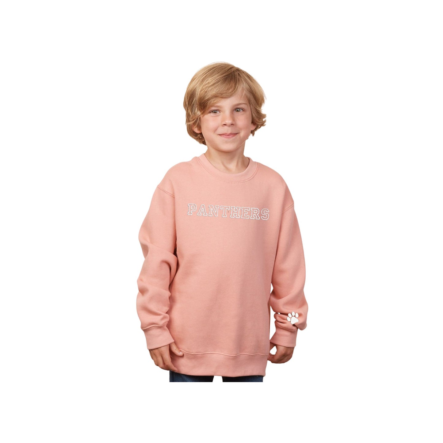 little boy wearing a pink youth sweatshirt with PANTHERS embroidered in an outlined varsity font and white thread on the center chest and a mini paw print on the left cuff