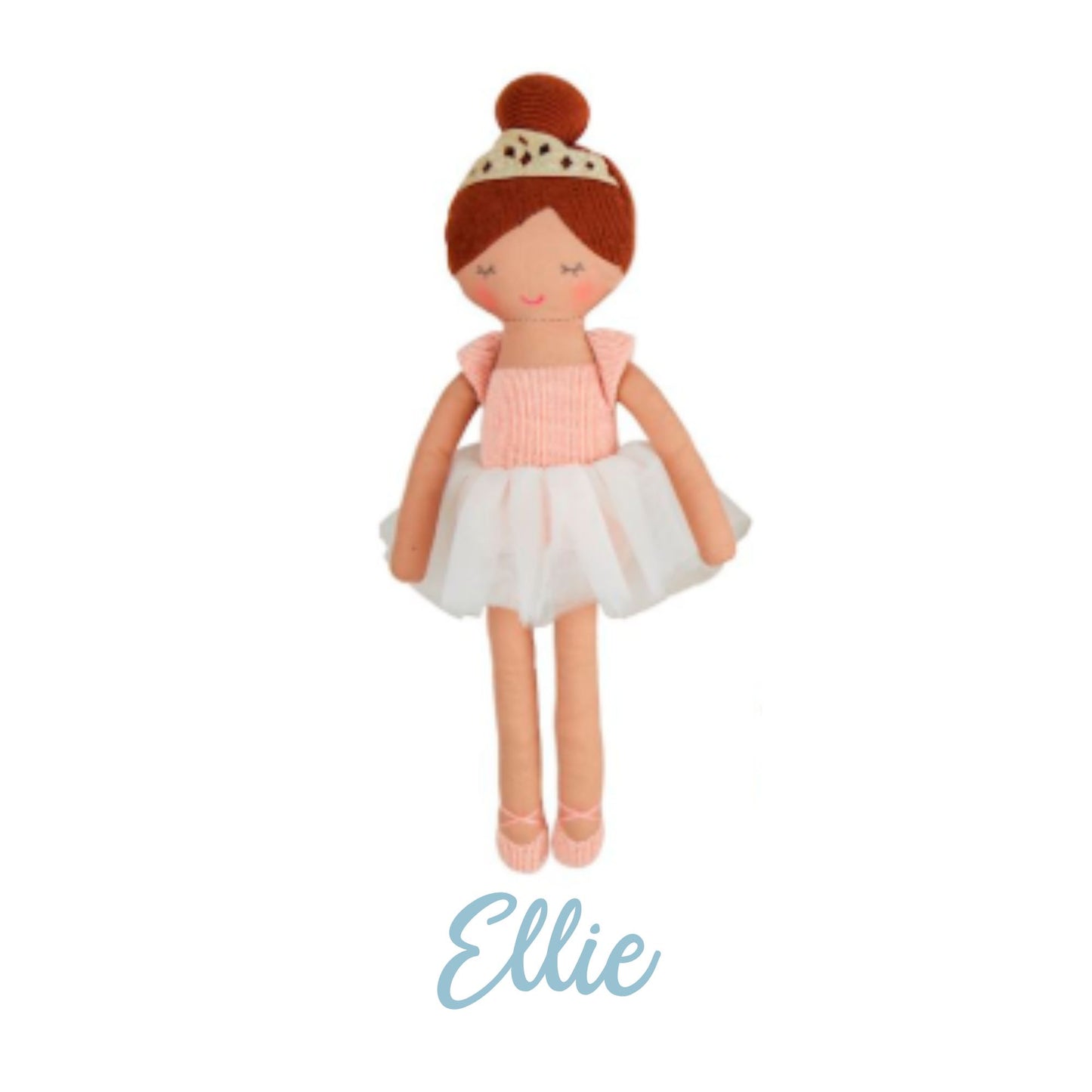Doll named 'Ellie' wearing a pink top and white tutu on a white background