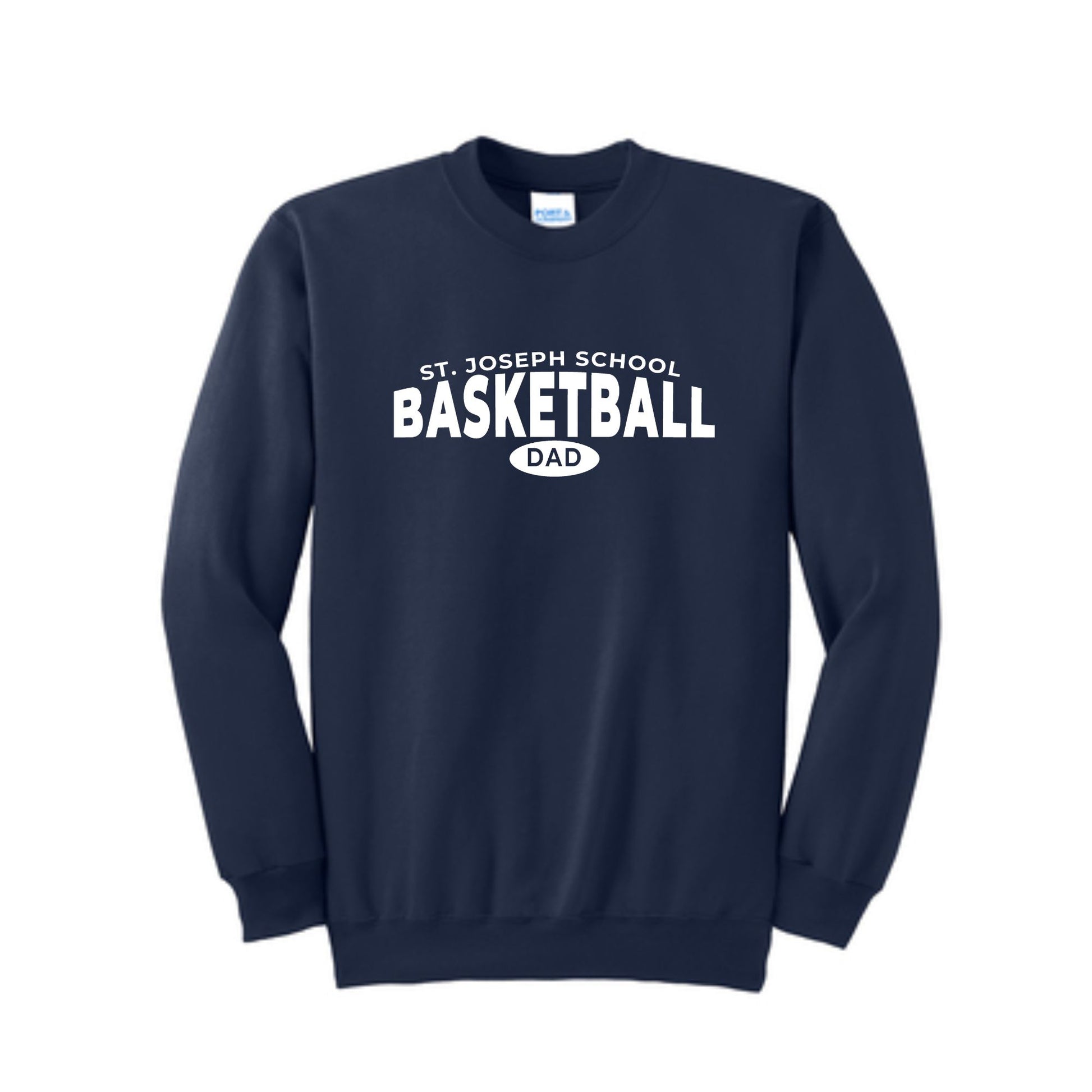 navy crewneck sweatshirt with a white st. joseph school basketball dad 
print