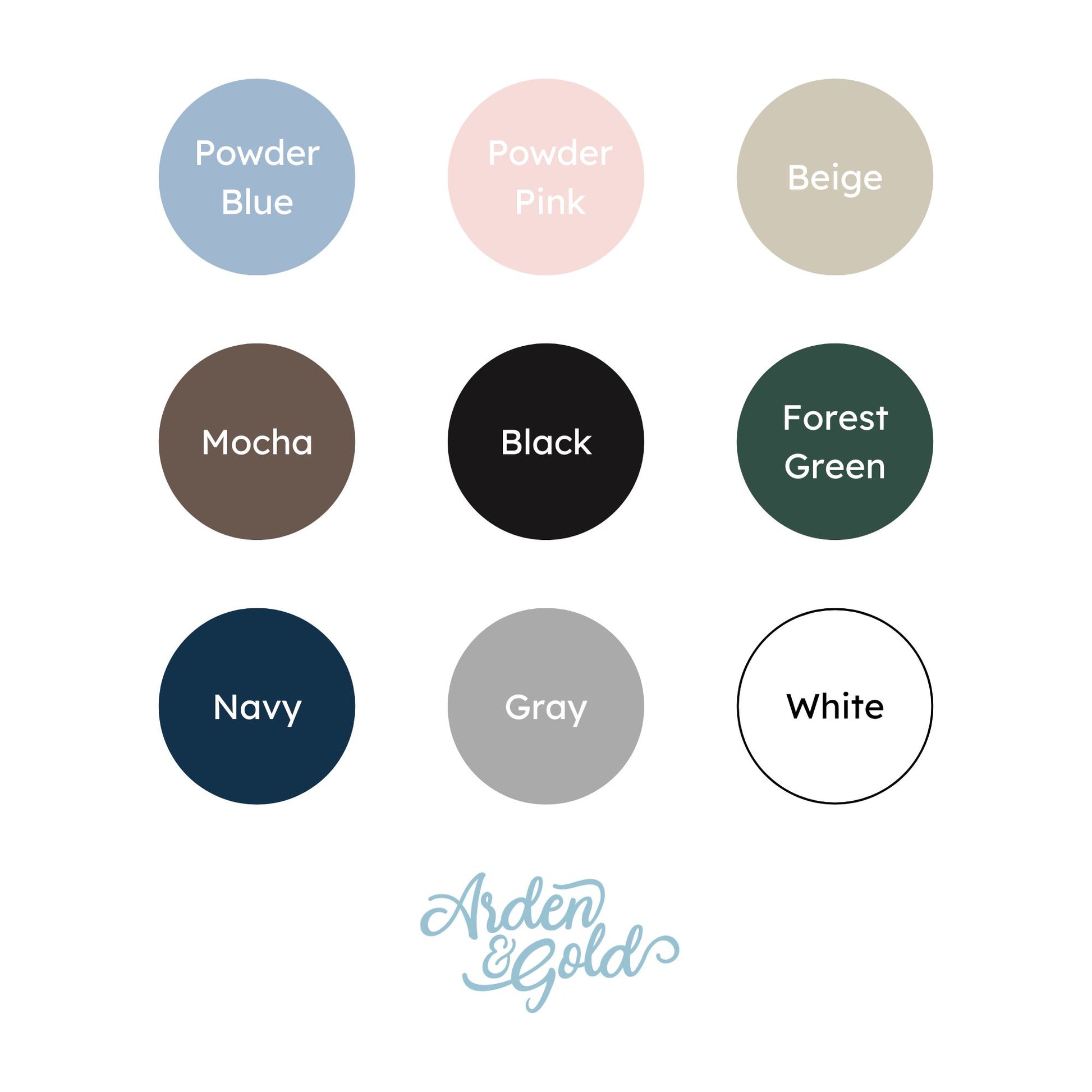 Color swatches with labels and Arden & Gold logo