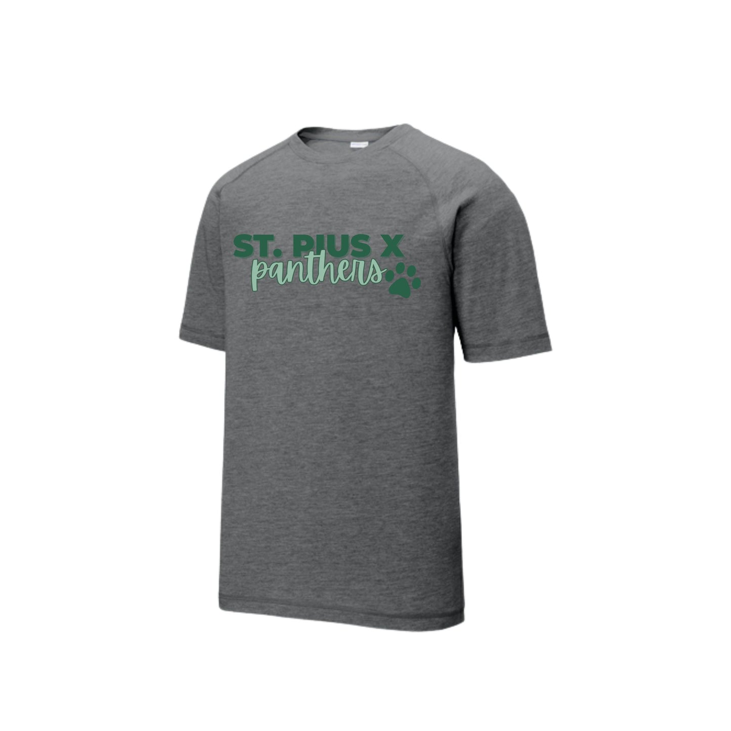 Gray t-shirt with 'St. Rus X Panthers' text and paw print on a white background