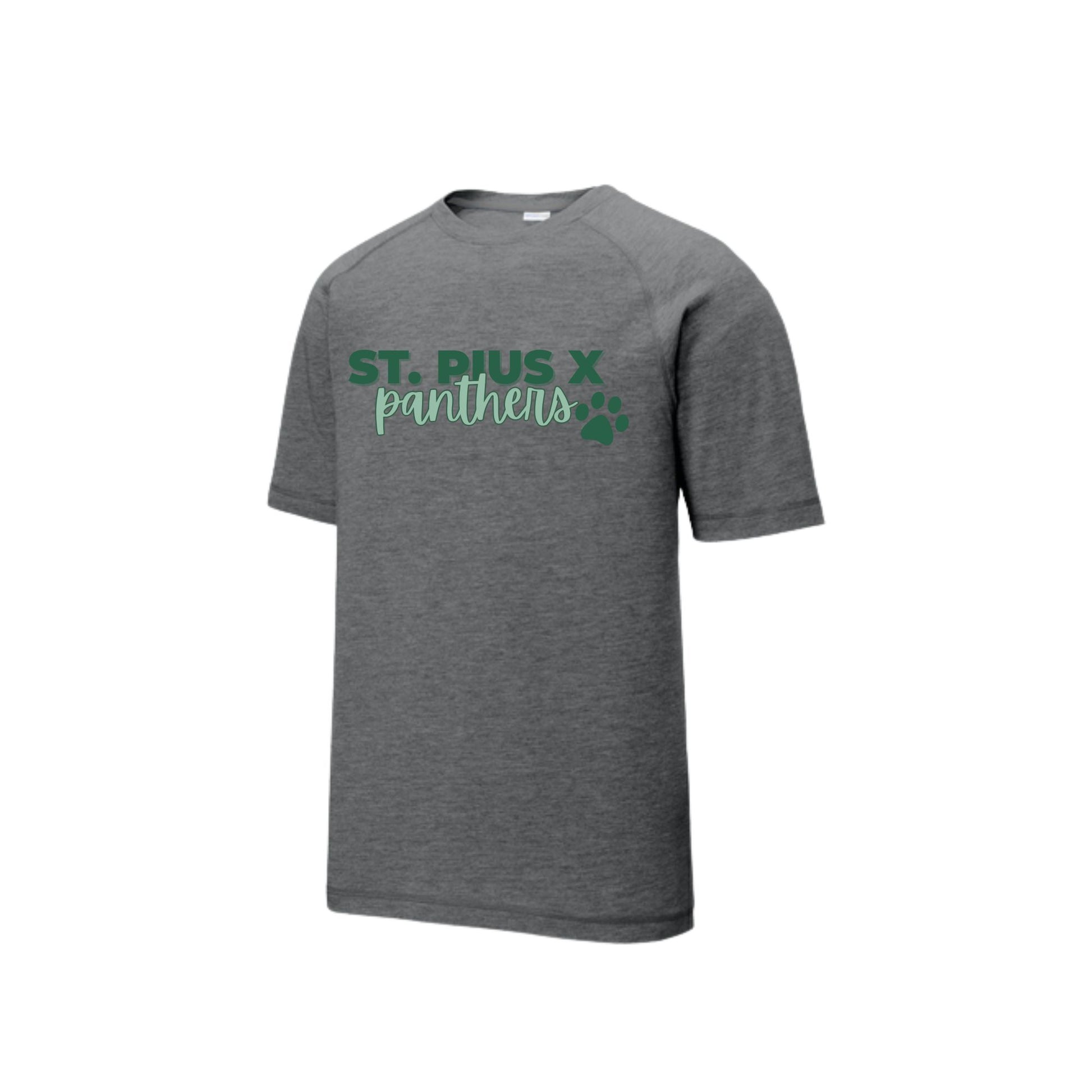 Gray t-shirt with 'St. Rus X Panthers' text and paw print on a white background