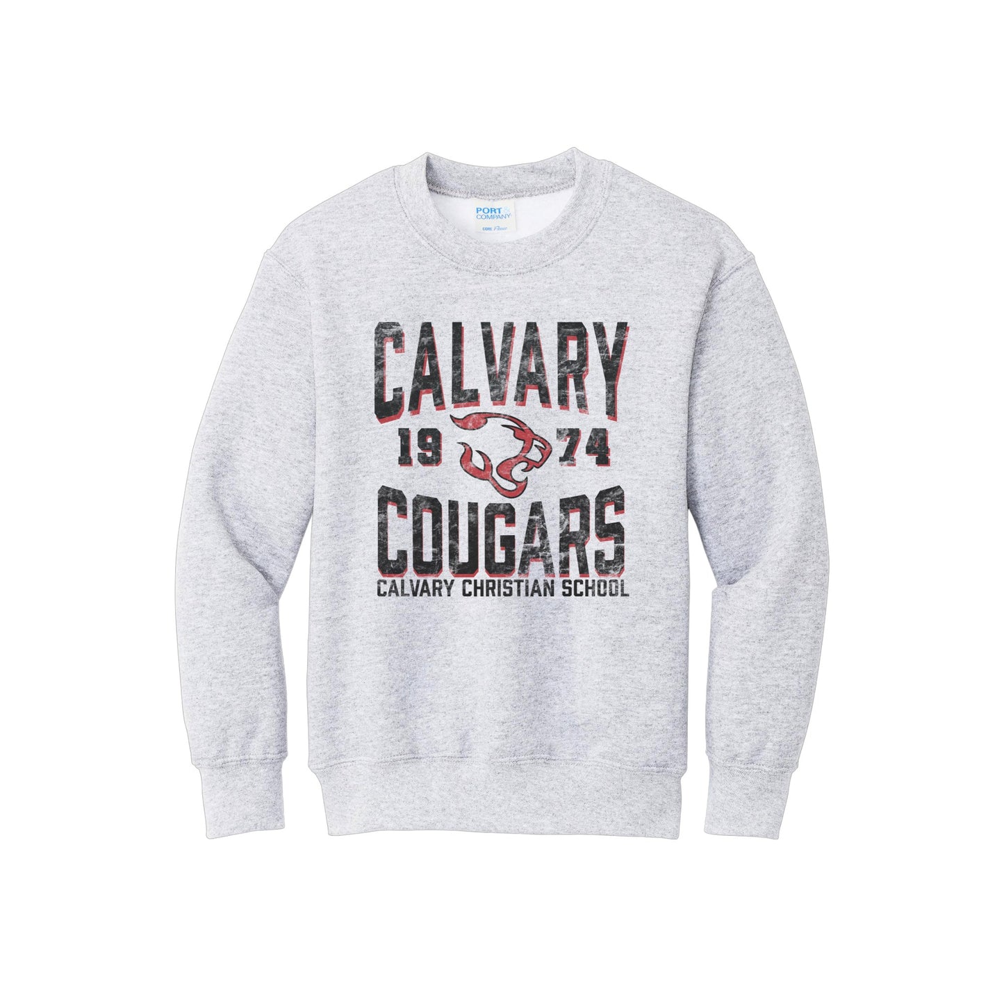 Printed Distressed Calvary Christian Cougars 1974 Crewneck Sweatshirt | CCSDTG12