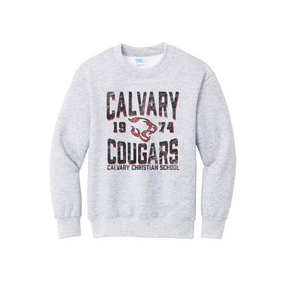 Printed Distressed Calvary Christian Cougars 1974 Crewneck Sweatshirt | CCSDTG12