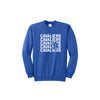 Blue sweatshirt with 'CAVALIERS' text design on a white background