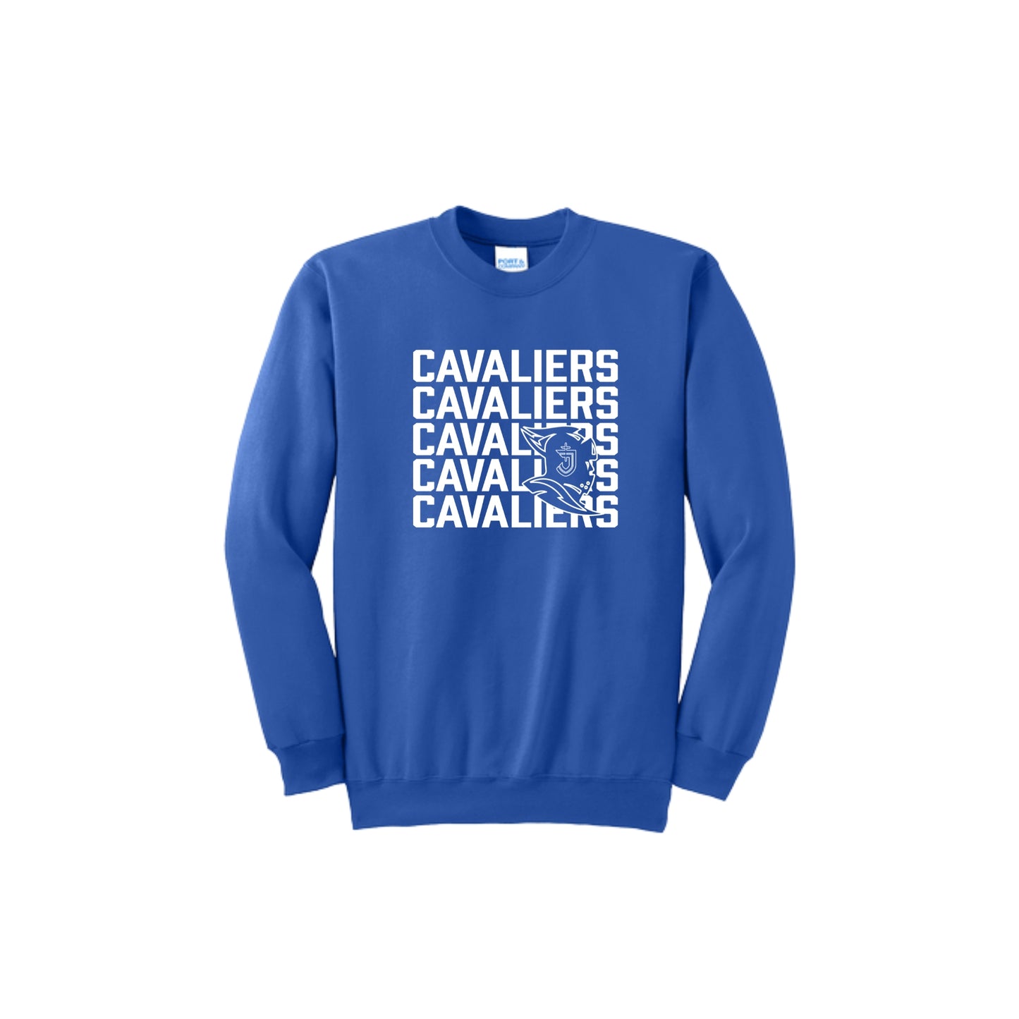 Blue sweatshirt with 'CAVALIERS' text design on a white background