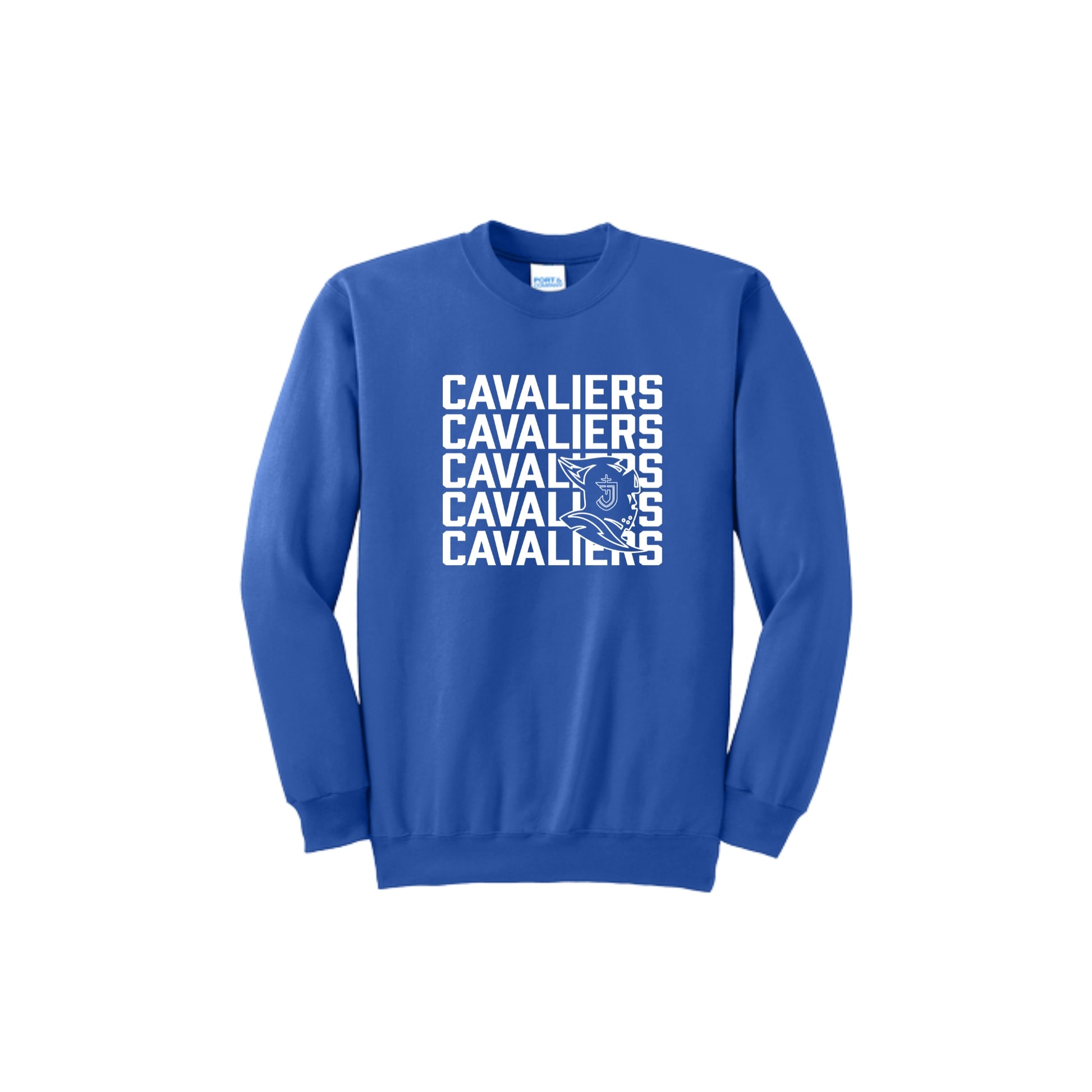 Blue sweatshirt with 'CAVALIERS' text design on a white background