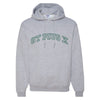athletic heather hoodie with st pius x embroidered across the chest in ivy green thread