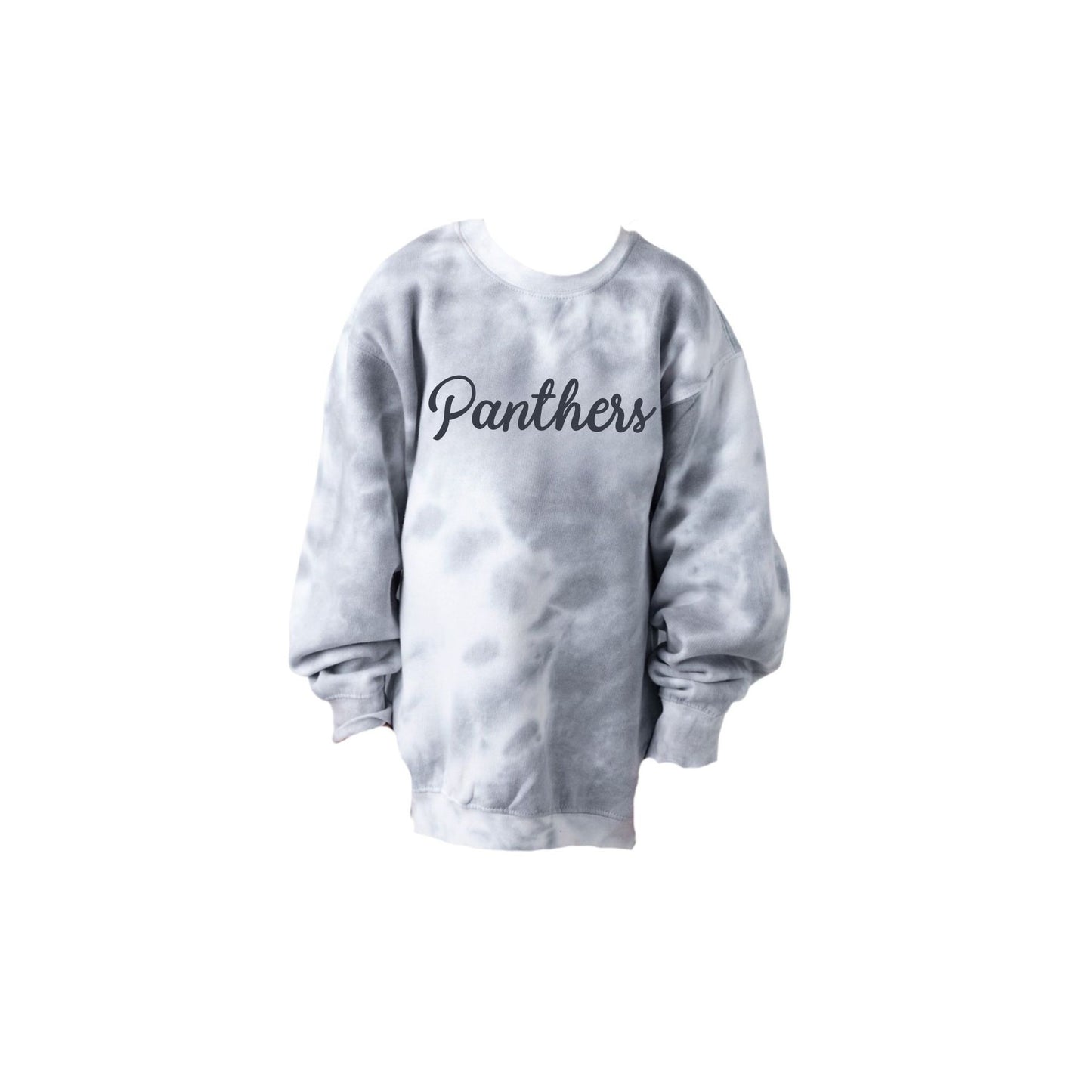 Gray tie-dye sweatshirt with 'Panthers' text on a white background