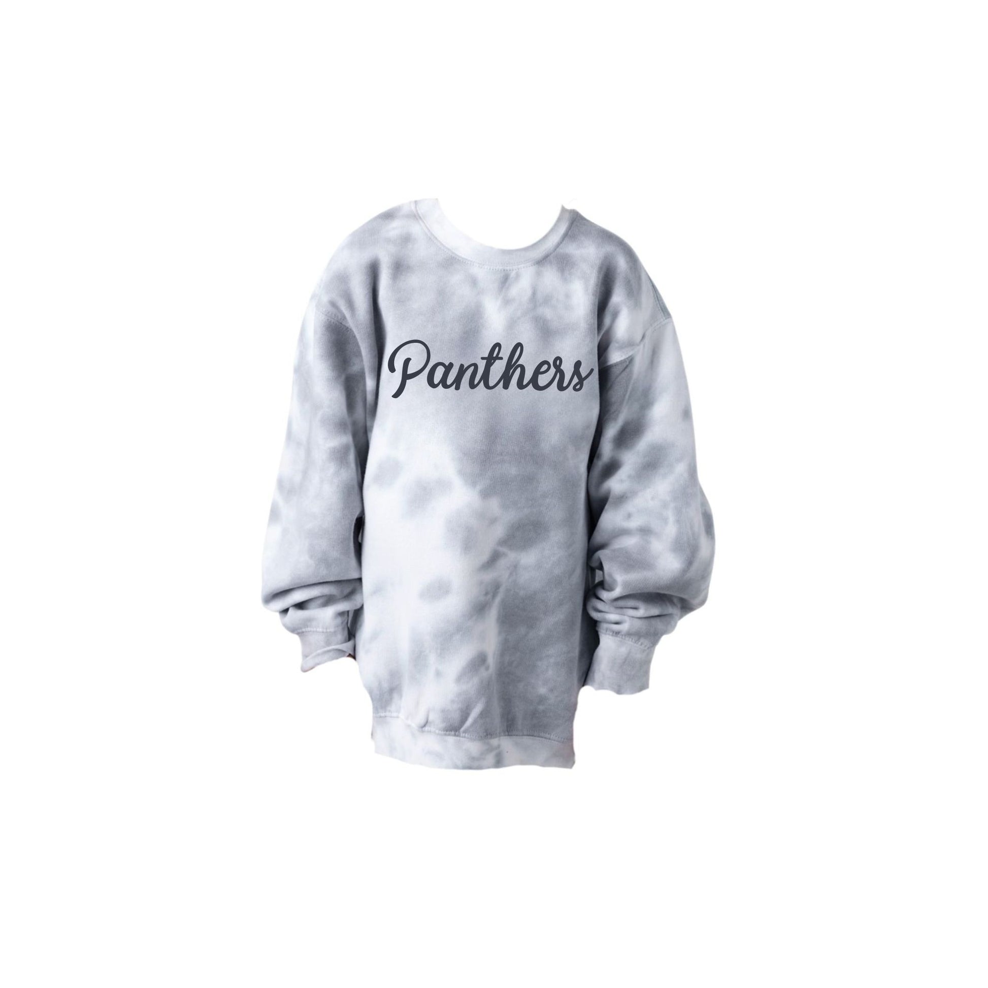 Gray tie-dye sweatshirt with 'Panthers' text on a white background