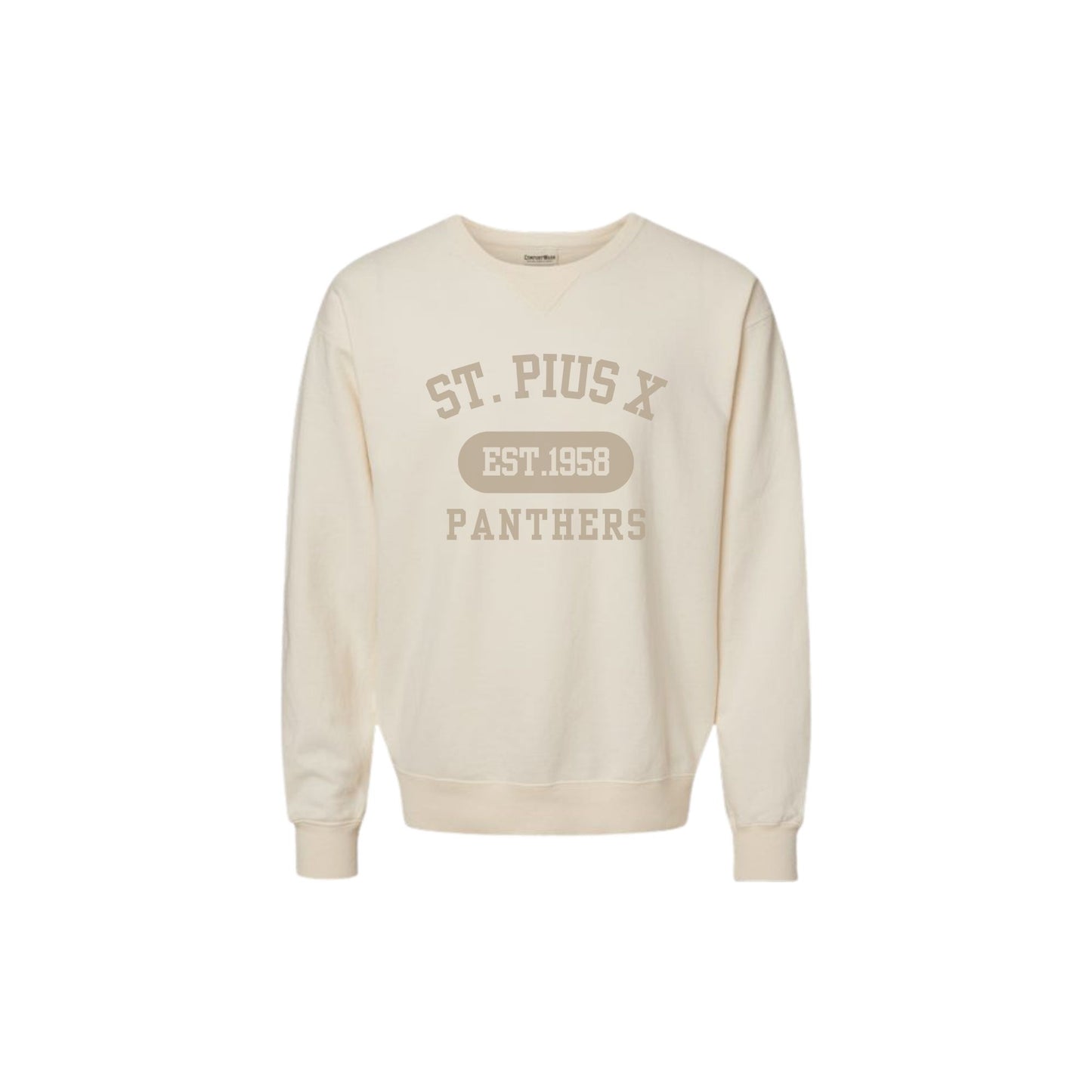 Beige sweatshirt with 'St. Pius X Panthers' text on a white background