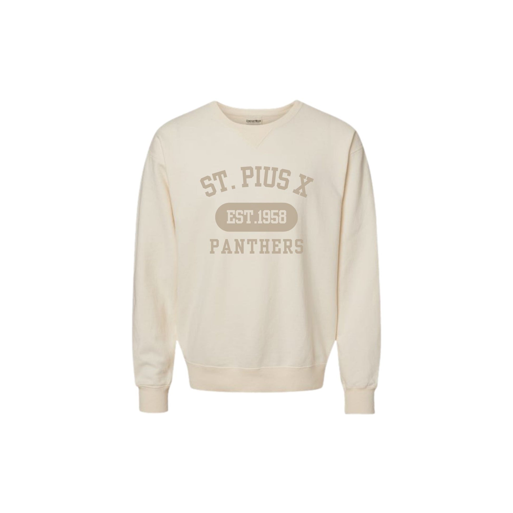 Beige sweatshirt with 'St. Pius X Panthers' text on a white background