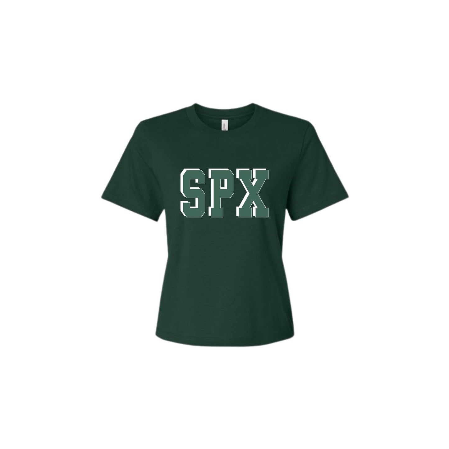 Green t-shirt with 'SPX' text on a white background