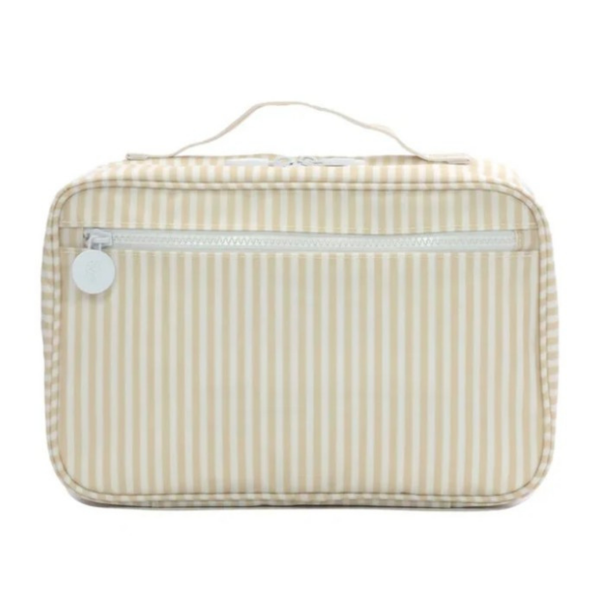 Beige striped travel case on a white background