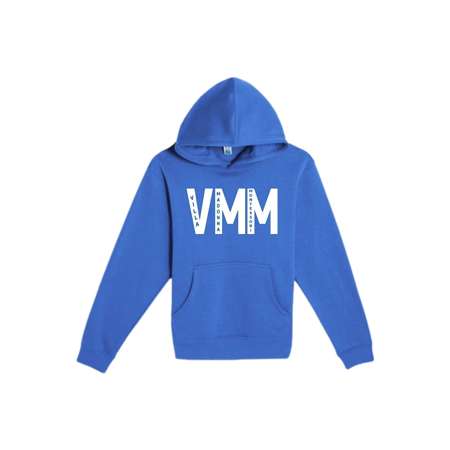 Blue hoodie with 'VMM' logo on a white background