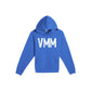 Blue hoodie with 'VMM' logo on a white background
