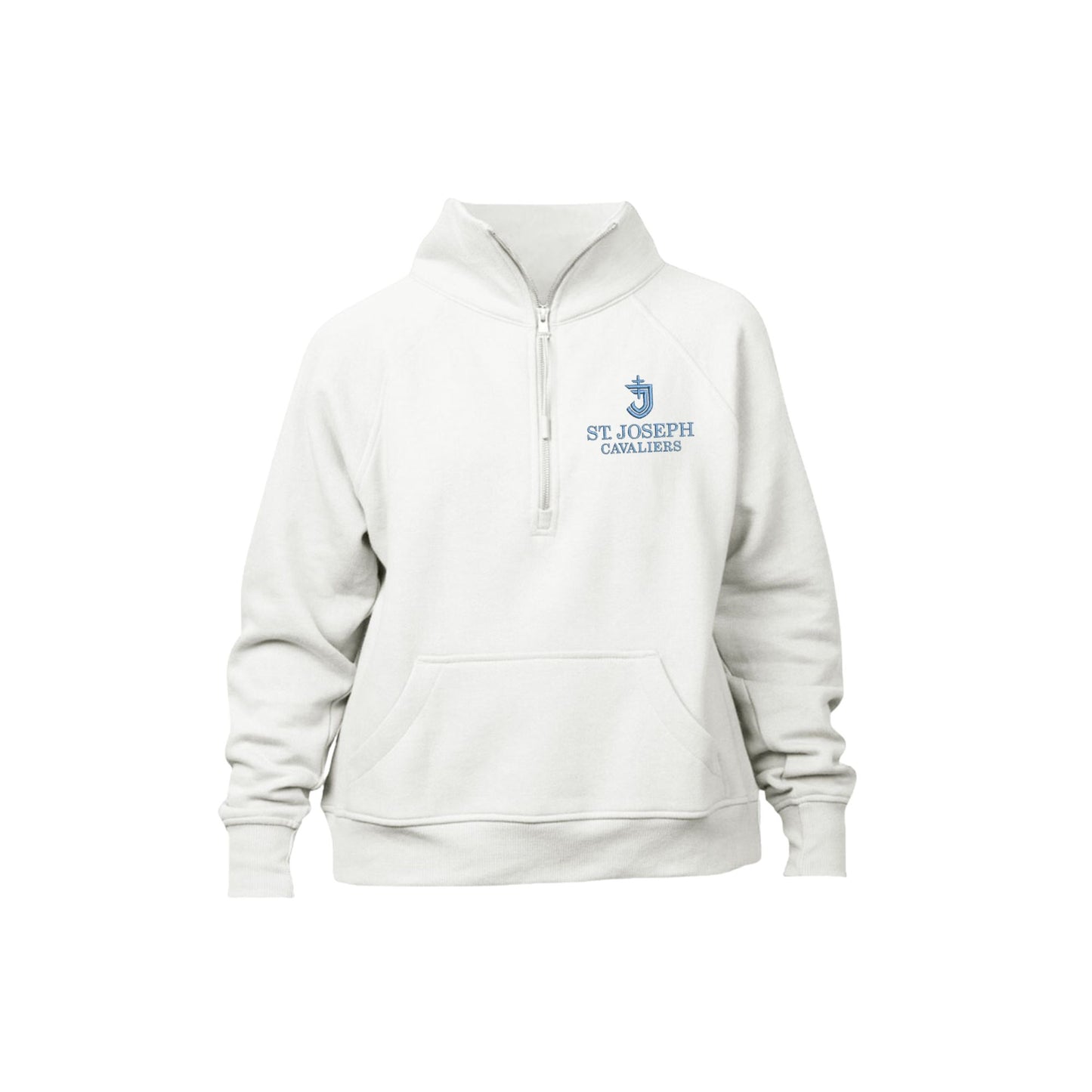 BLEACHED LINEN LADIES BOXY QUARTER ZIP FLEECE WITH CUTOM SJS EMBROIDERED LOGO IN POWDER BLUE THREAD ON THE LEFT CHEST