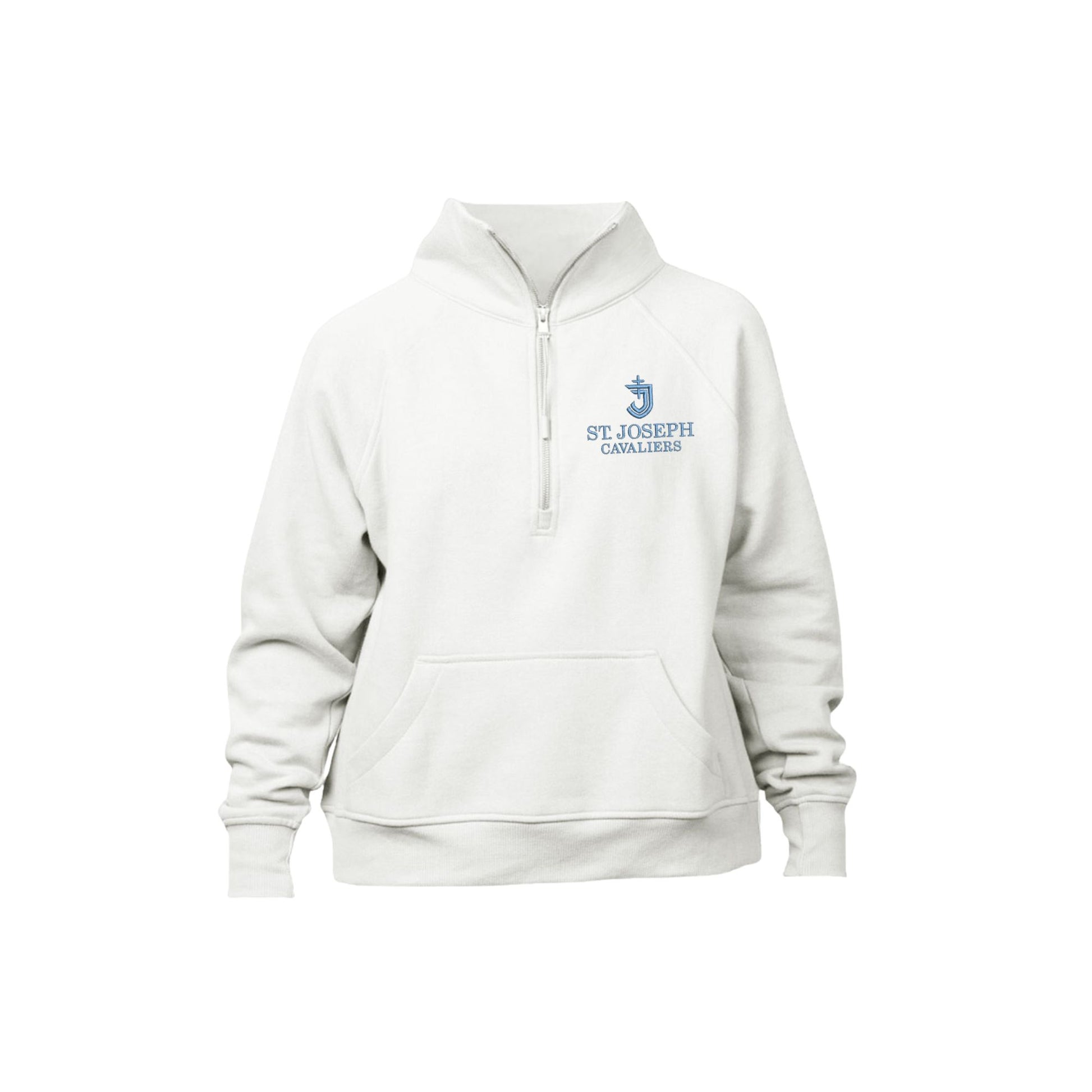 BLEACHED LINEN LADIES BOXY QUARTER ZIP FLEECE WITH CUTOM SJS EMBROIDERED LOGO IN POWDER BLUE THREAD ON THE LEFT CHEST
