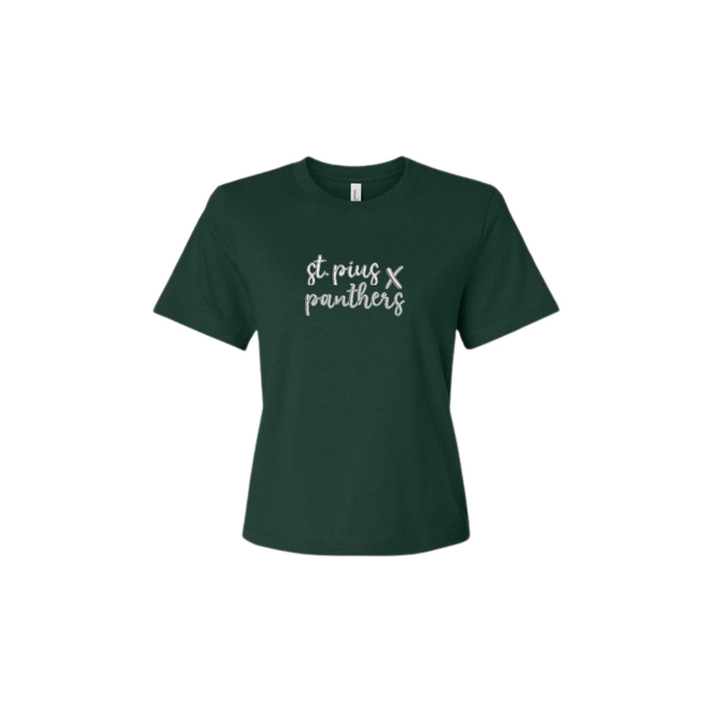 Green t-shirt with 'st pius x panthers' text on a white background