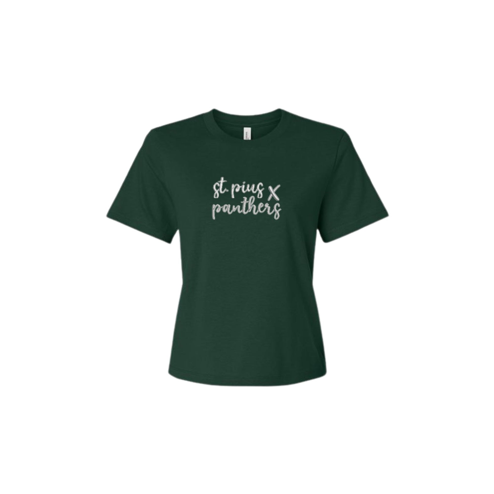 Green t-shirt with 'st pius x panthers' text on a white background