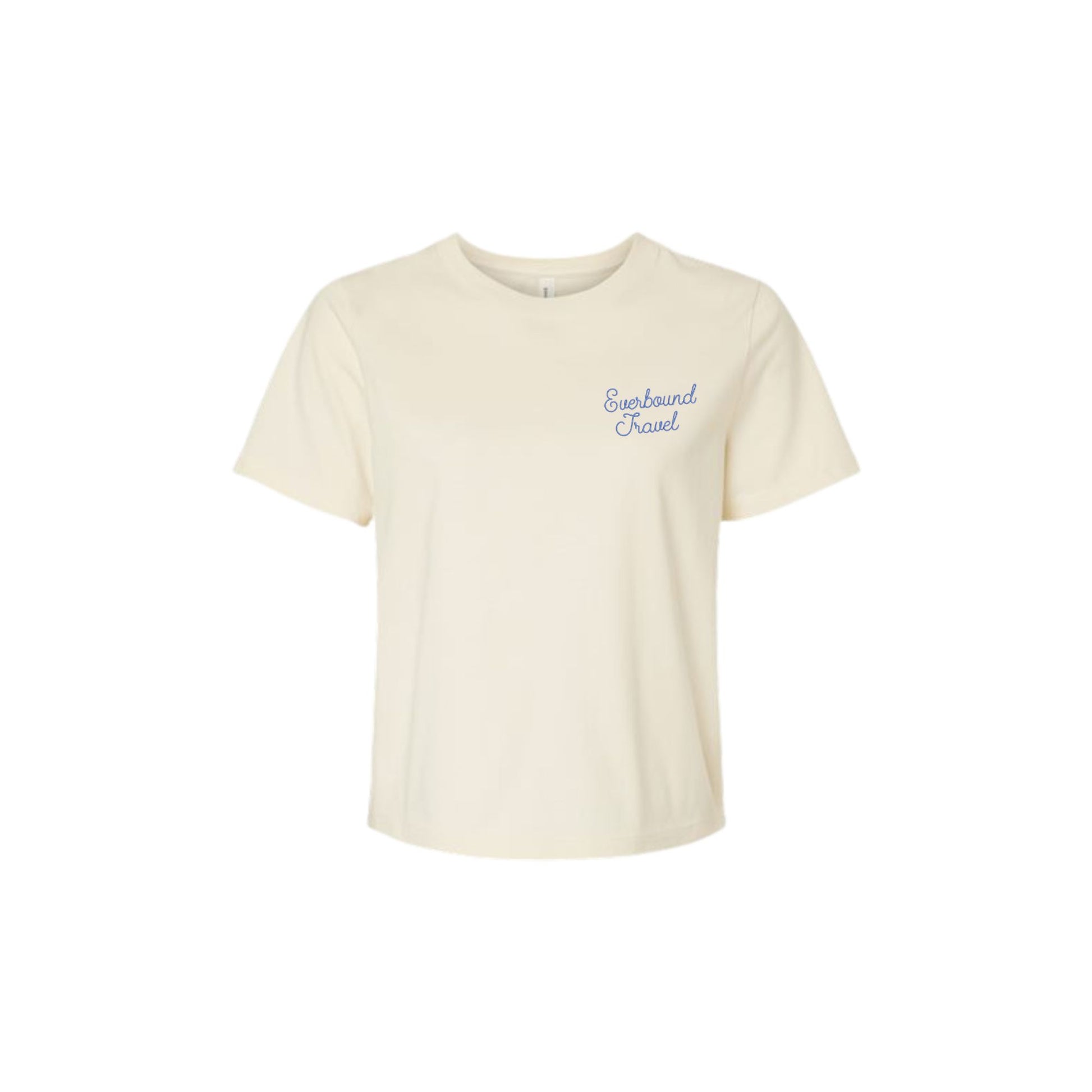 Beige t-shirt with text on a white background