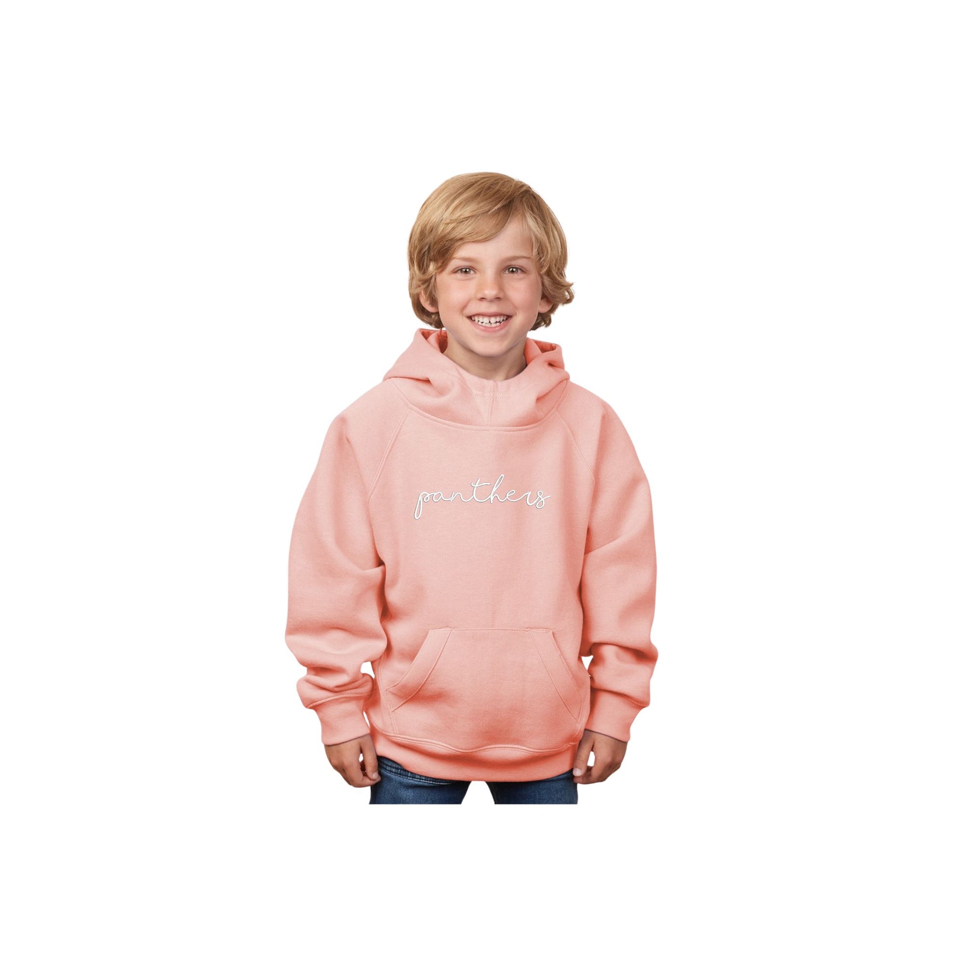 child wearing a rose sand scuba neck hoodie with embroidered panthers design in white thread 