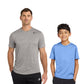 Man and boy wearing gray and blue Nike t-shirts on a white background