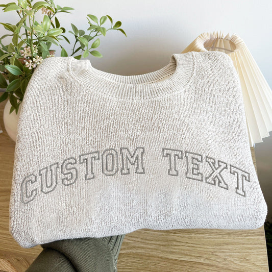 latte cozy knit fleece crewneck with custom text embroidery in gray thread