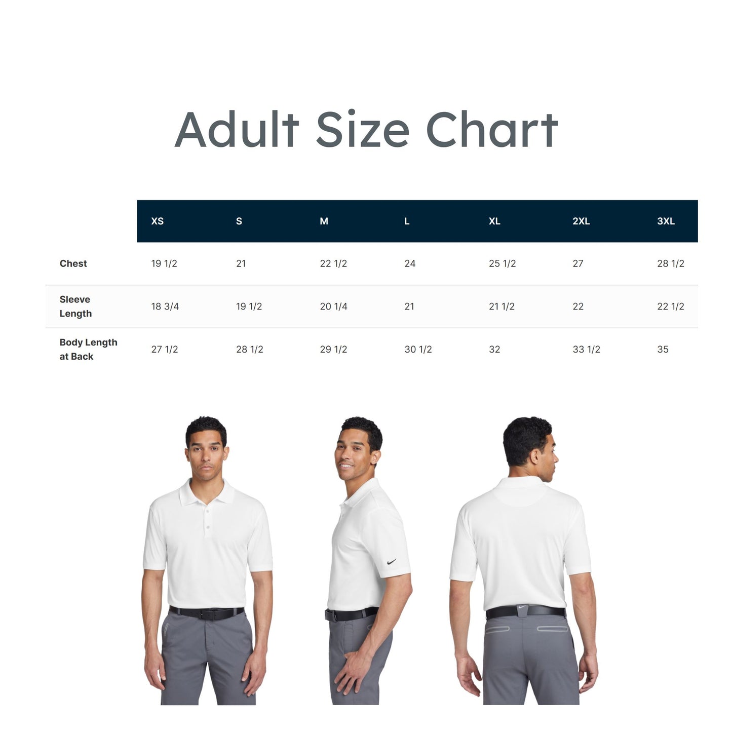 Adult size chart for a white polo shirt with measurements displayed.