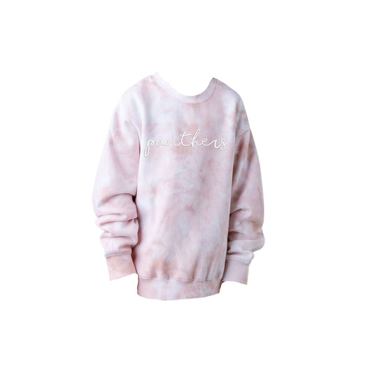 silver pink tie dye sweatshirt with 'panthers' embroidered in white thread on the center chest