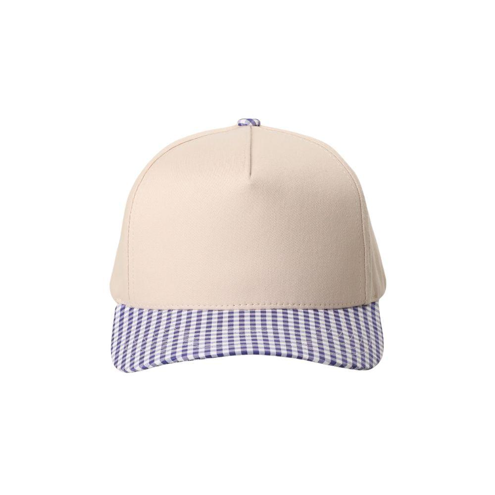 Beige cap with a purple and white checkered brim on a white background