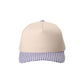 Beige cap with a purple and white checkered brim on a white background