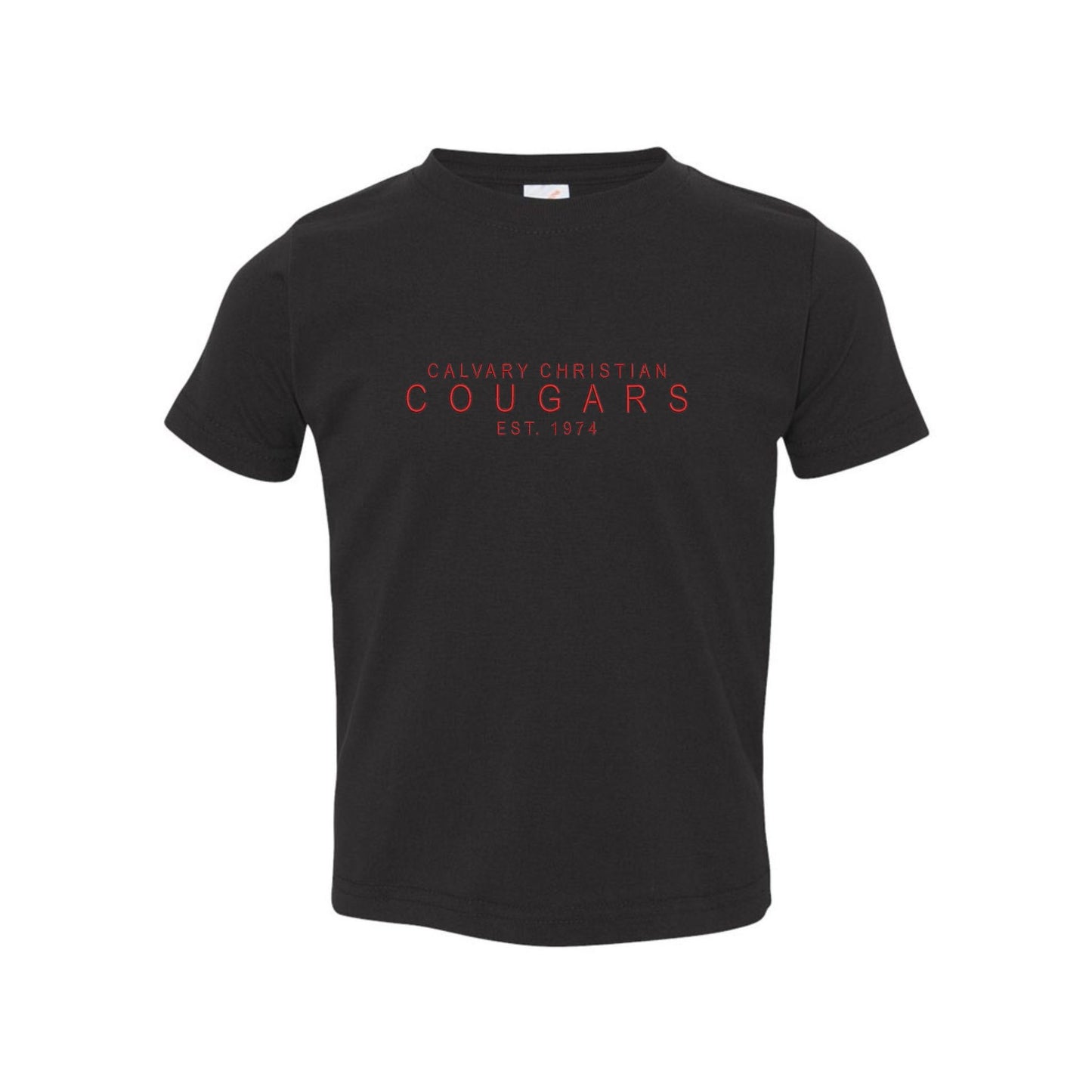 black toddler t-shirt with embroidered calvary christian cougars design in red thread