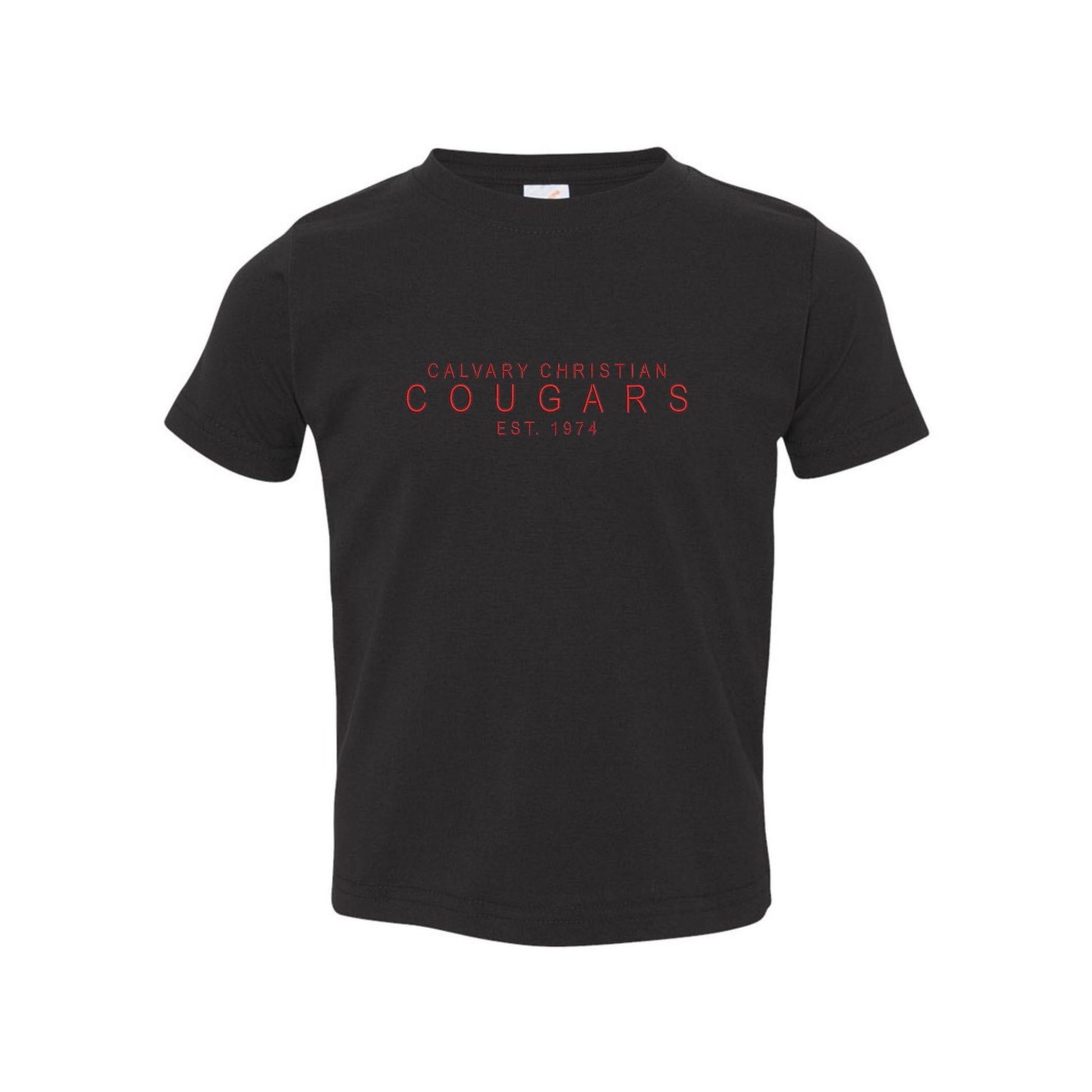black toddler t-shirt with embroidered calvary christian cougars design in red thread