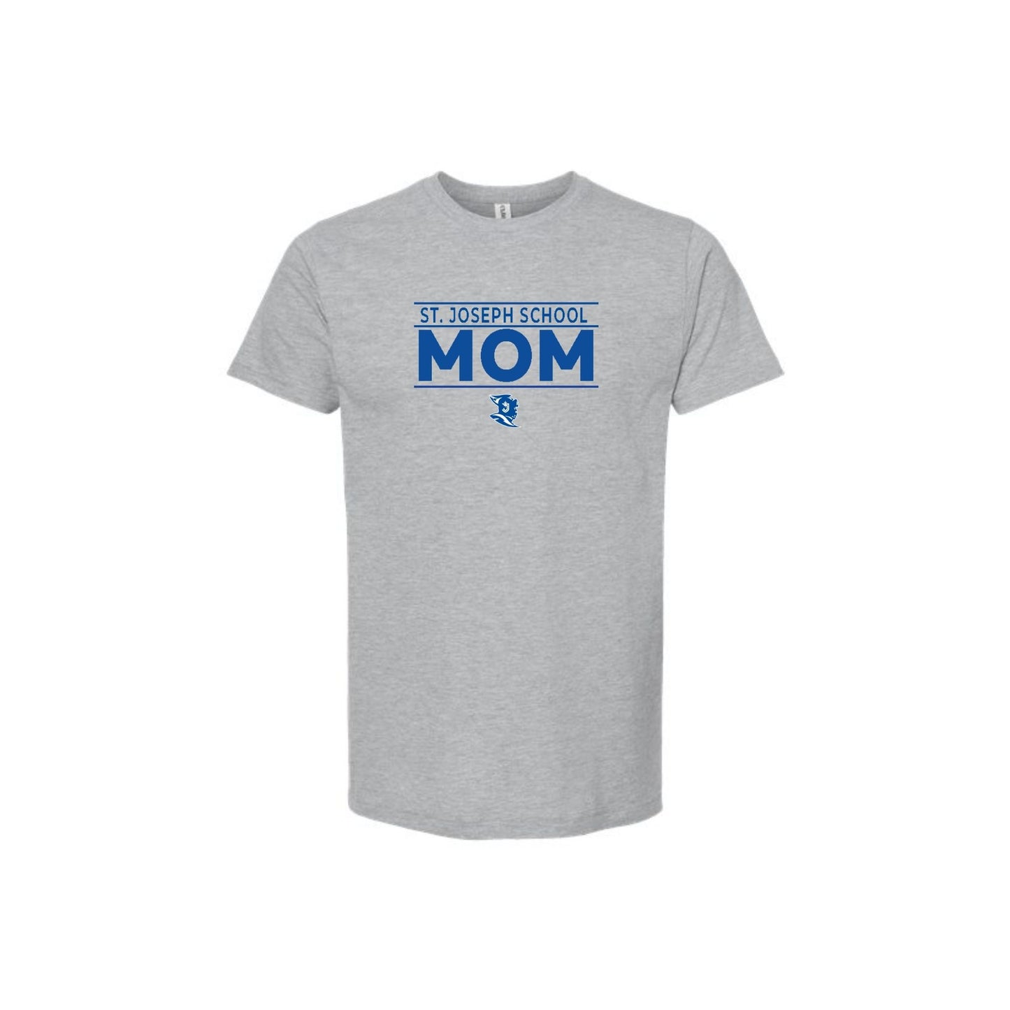 Gray t-shirt with 'St. Joseph School Mom' text on a white background