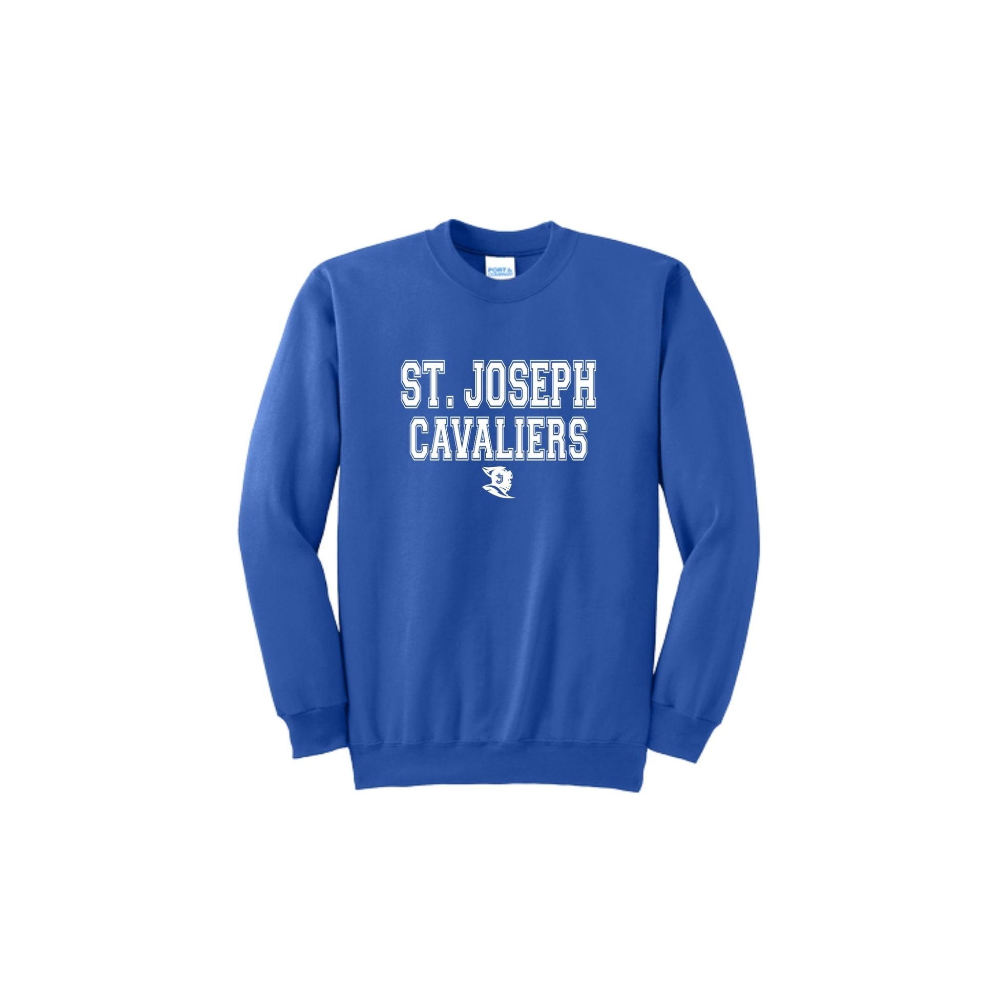 Blue sweatshirt with 'St. Joseph Cavaliers' text on a white background