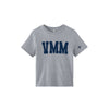 A heather gray short-sleeve crop top t-shirt featuring the letters 'VMM' printed in navy blue across the chest, with a small navy blue 'cross' logo on the right sleeve, shown against a plain white background.