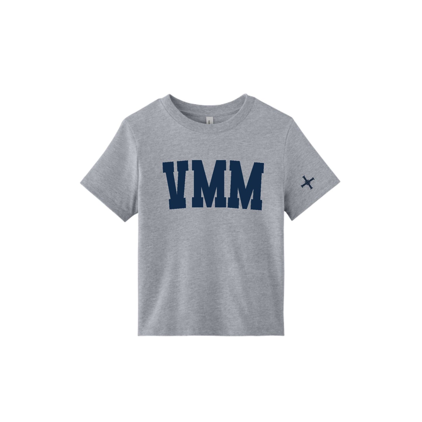A heather gray short-sleeve crop top t-shirt featuring the letters 'VMM' printed in navy blue across the chest, with a small navy blue 'cross' logo on the right sleeve, shown against a plain white background.
